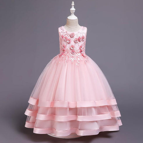 Flower Princess Dress Lace Beaded Multi-Layer Satin
